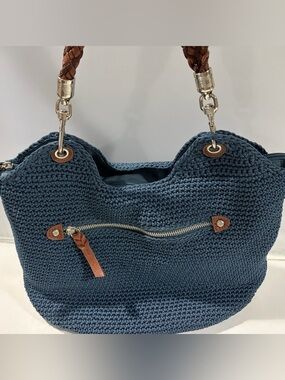 Navy Crochet Shoulder Bag with Leather Braided Handles by The Sak